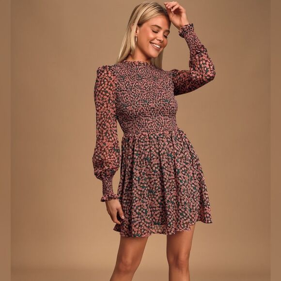 Lulus Floral Forever Pink And Green Floral Print Smocked Skater Dress Size Large - Picture 1 of 14
